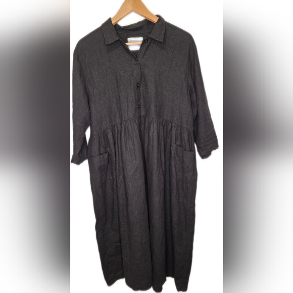Urban Renewal Black Button Up Dress With Side Pockets. Linen Like Lg. - Picture 4 of 12